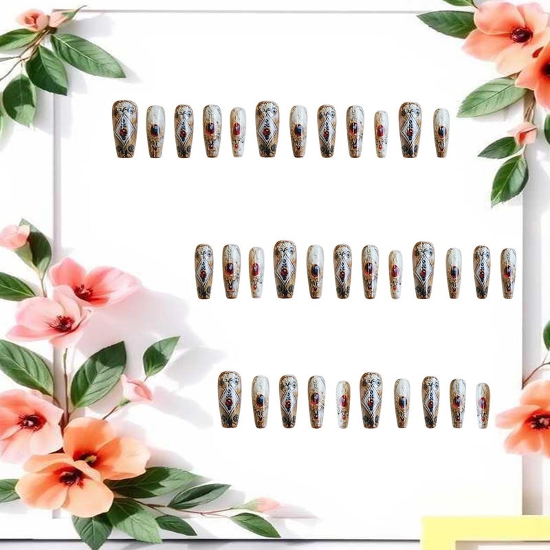 CJDLTS Press on Nails Medium Ballet Shaped Red Rhinestones Golden Totem Pattern Design Acrylic False Nail Full Cover Glossy Artificial Fingernails 24Pcs Reusable Glue on Nails for Women - Image 3